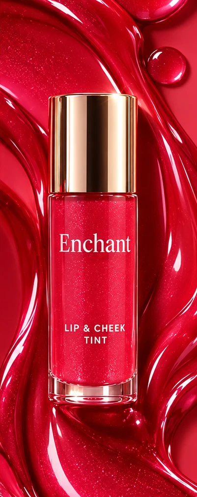 Berry lip and cheek tint in a gold-capped bottle