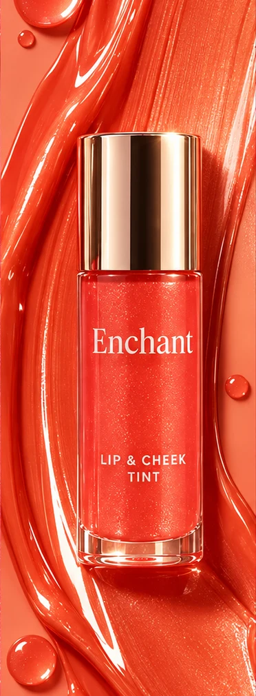 Coral lip and cheek tint in a gold-capped bottle