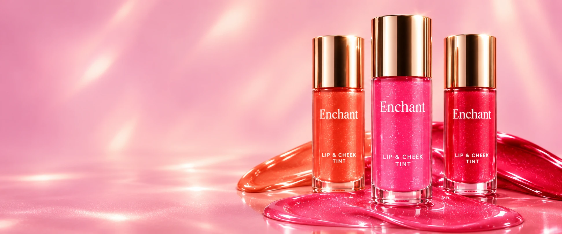 Three full-size Enchant lip and cheek tint bottles on a magical blush pink backdrop