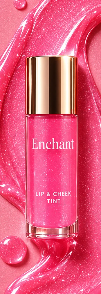Pink lip and cheek tint in a gold-capped bottle