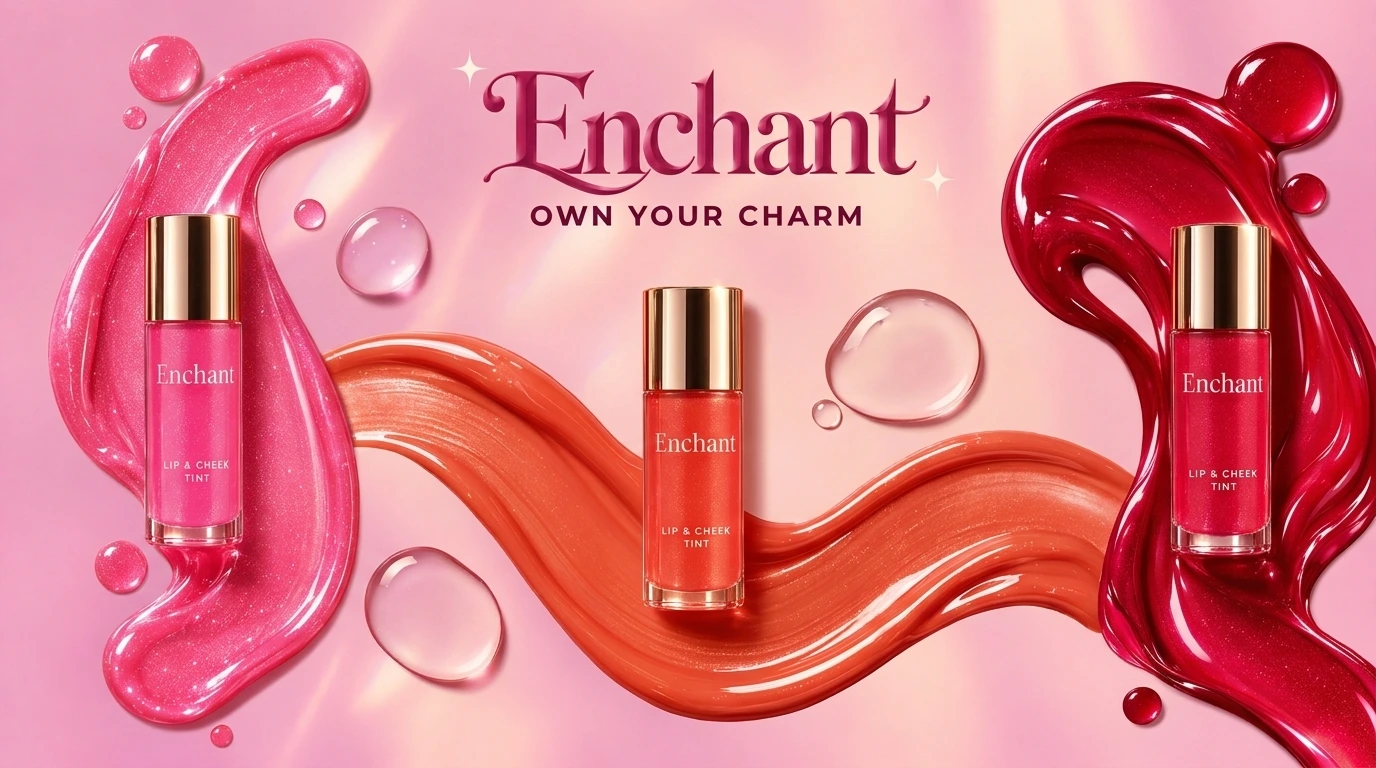 Enchant — Own your charm. Pink, coral and berry lip and cheek tints surrounded by glossy swirls.